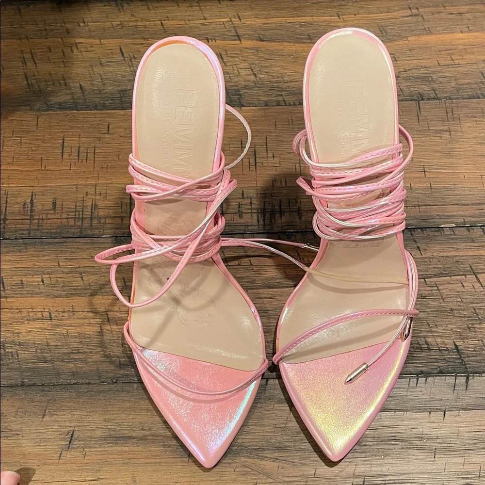 La Femme Shimmering Pink Lace-Up Heels - Picture 4 of 7